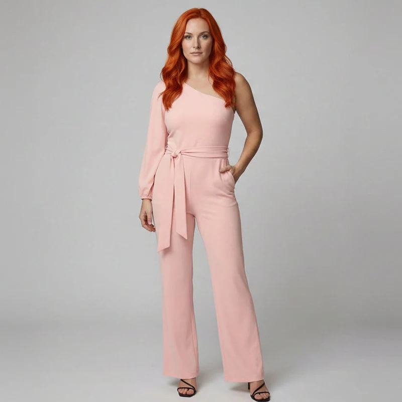 Eleganter Damen Jumpsuit im One Shoulder Schnitt mit Bindegürtel und weitem Bein