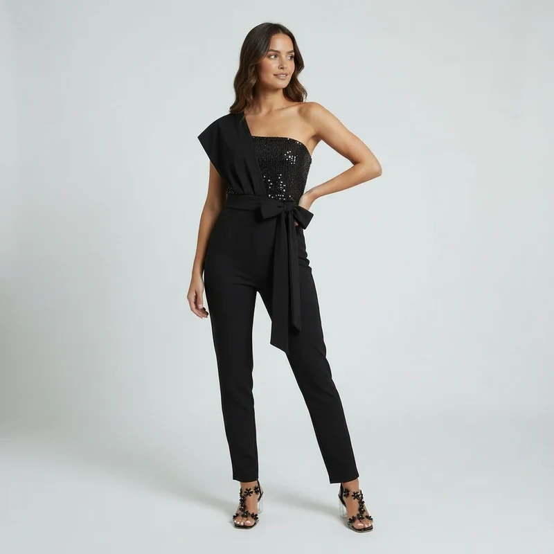 Eleganter Damen Jumpsuit im One Shoulder Schnitt mit Bindegürtel und weitem Bein