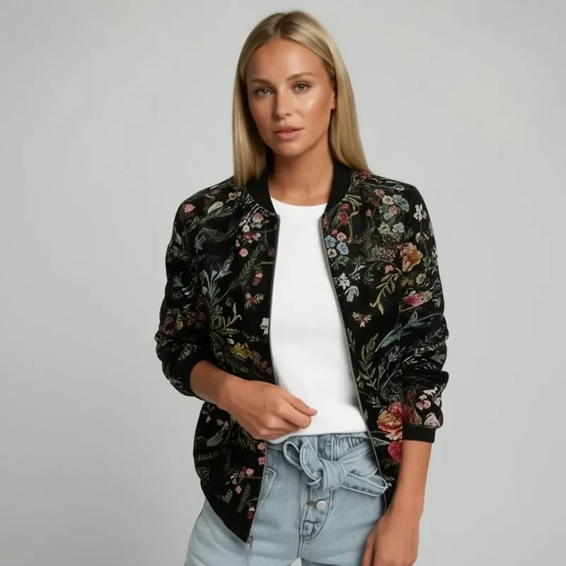 Leichte bunte Jacke für Damen mit Bündchen und Reißverschluss