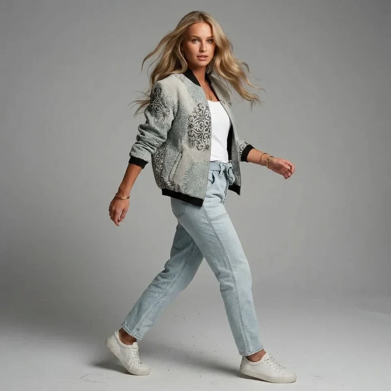 Leichte bunte Jacke für Damen mit Bündchen und Reißverschluss