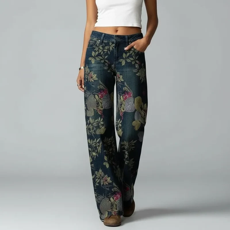 Baggy Jeans für Damen mit Buntem Blumendruck