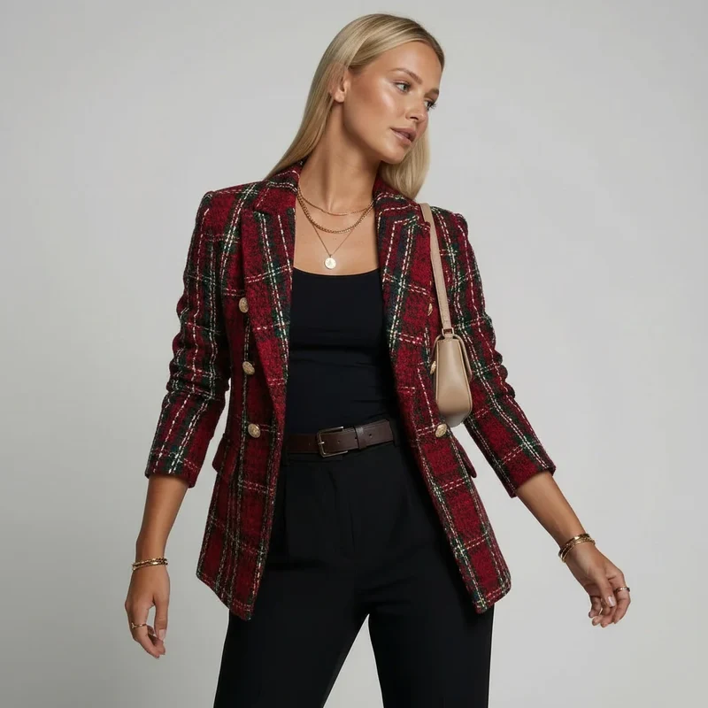Oversize Blazer für Damen aus Tweed mit Karomuster in leichter Taillierung