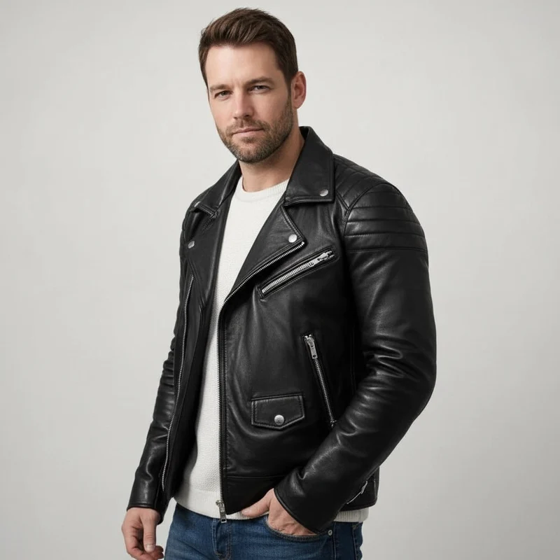 Kurze Biker Jacke für Herren mit gesteppten Ärmeln und asymmetrischem Reißverschluss