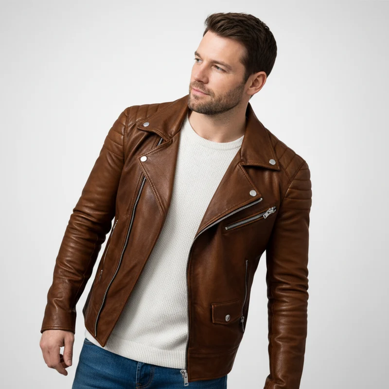 Kurze Biker Jacke für Herren mit gesteppten Ärmeln und asymmetrischem Reißverschluss