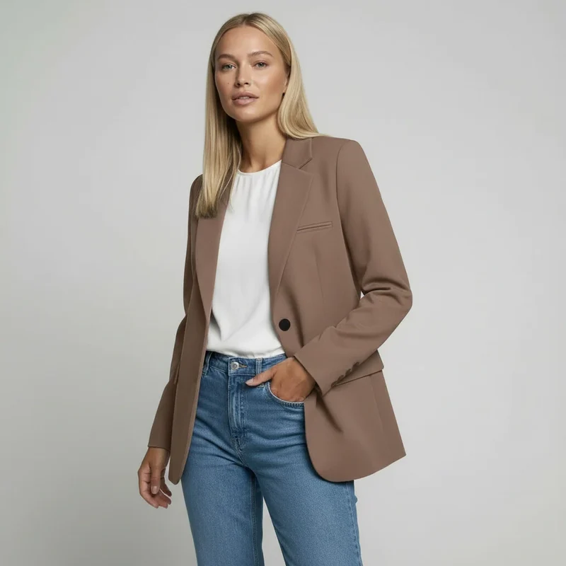Langer Blazer für Damen mit zwei Knöpfen und Klappentaschen in einfarbigem Design