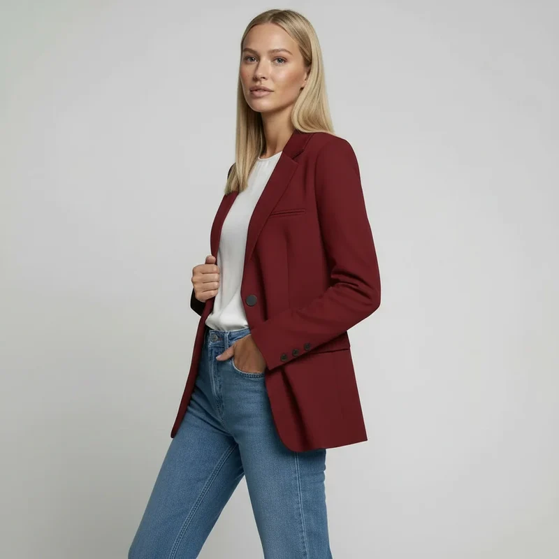 Langer Blazer für Damen mit zwei Knöpfen und Klappentaschen in einfarbigem Design
