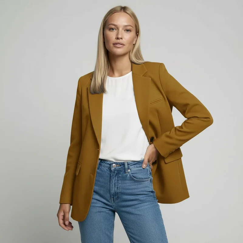 Langer Blazer für Damen mit zwei Knöpfen und Klappentaschen in einfarbigem Design