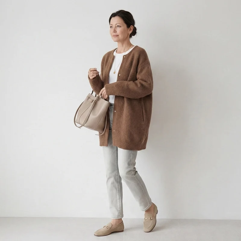 Langer Cardigan für Damen ohne Kragen im Relaxed Fit
