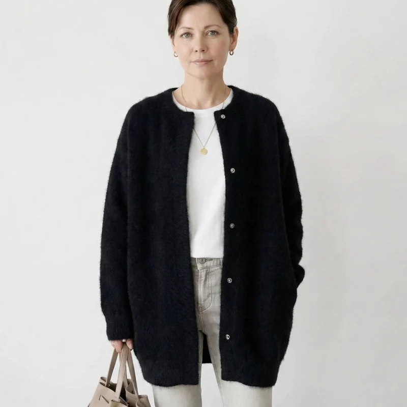 Langer Cardigan für Damen ohne Kragen im Relaxed Fit