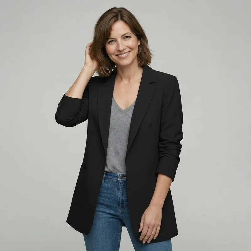 Oversize Longblazer für Damen mit großen Fronttaschen und Schulterpolstern
