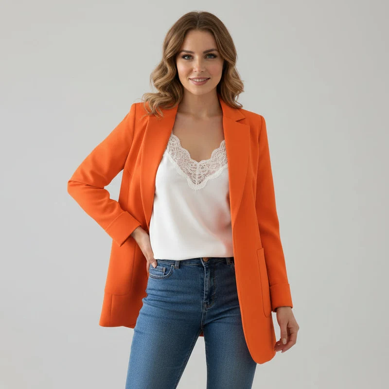 Oversize Longblazer für Damen mit großen Fronttaschen und Schulterpolstern