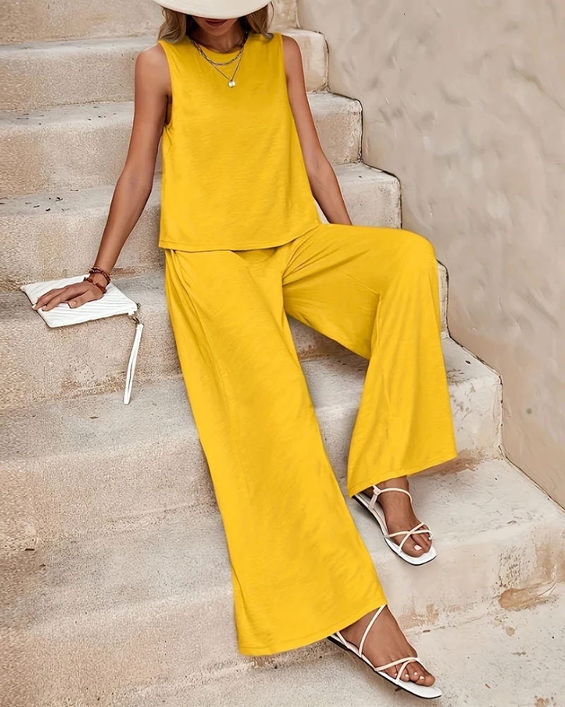 Damen Ärmelloses Freizeit Zweiteiler Set | Weite Hose