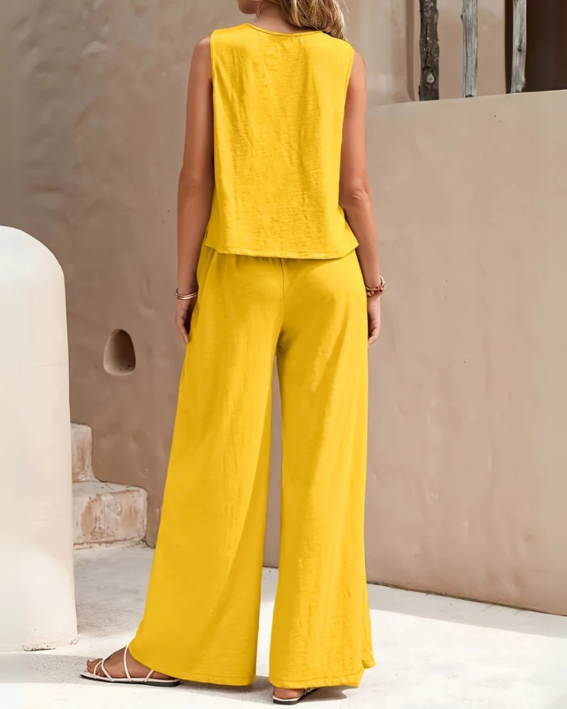 Damen Ärmelloses Freizeit Zweiteiler Set | Weite Hose