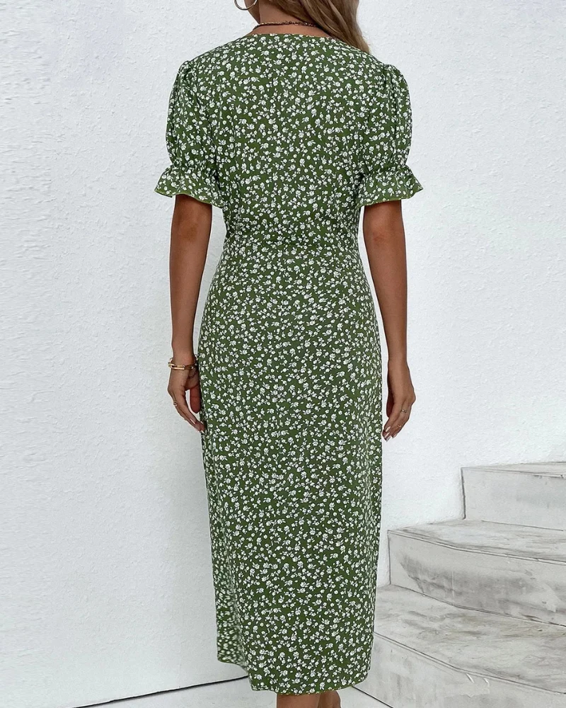 Damen Elegantes Blumen Kleid | V-Ausschnitt