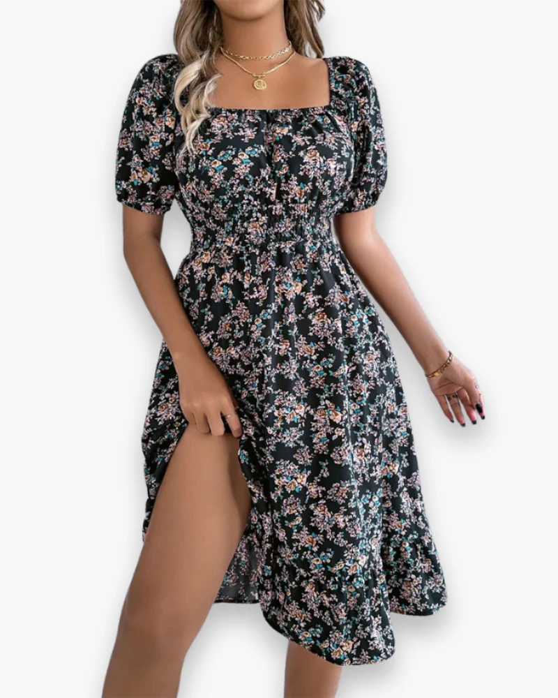 Damen Romantisches Shirred Midi Kleid | Blumenmuster