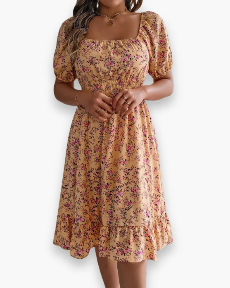Damen Romantisches Shirred Midi Kleid | Blumenmuster