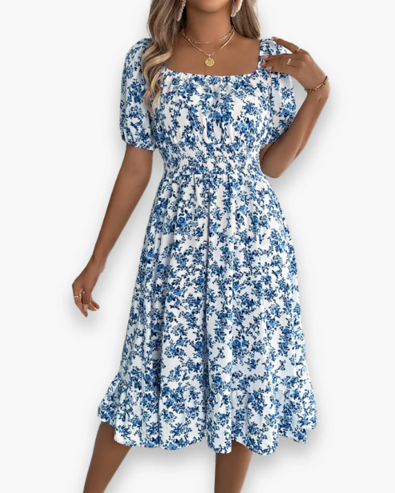 Damen Romantisches Shirred Midi Kleid | Blumenmuster