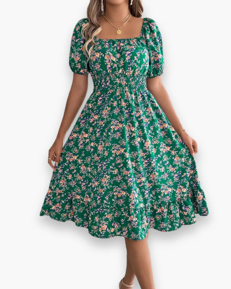Damen Romantisches Shirred Midi Kleid | Blumenmuster