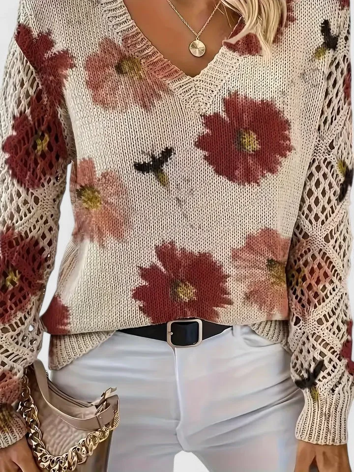 Damenpullover mit Floralmuster und V-Ausschnitt