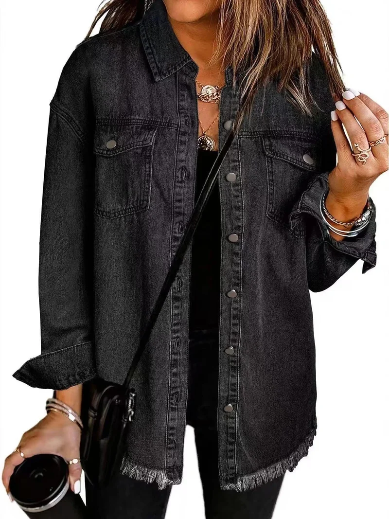 Damen Denimjacke mit Fransen und Knopfleiste