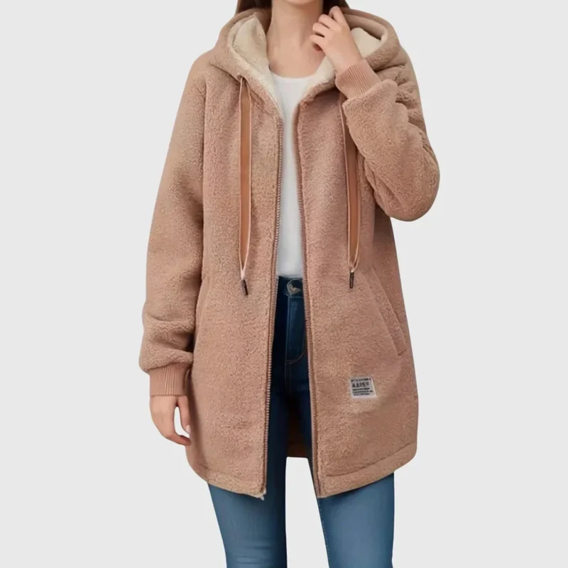 Damen lange Fleecejacke mit Kapuze und Reißverschluss