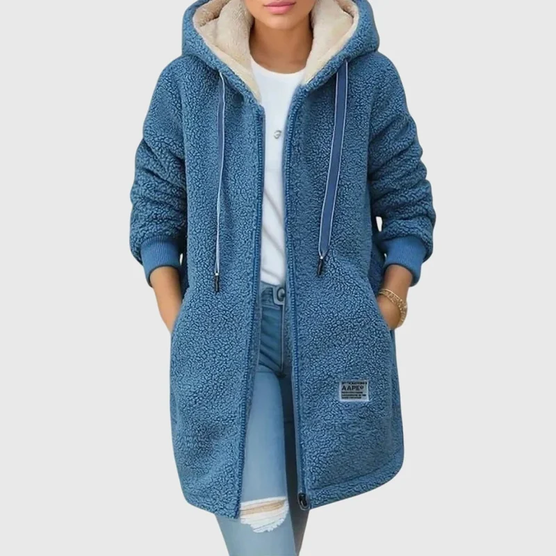 Damen lange Fleecejacke mit Kapuze und Reißverschluss