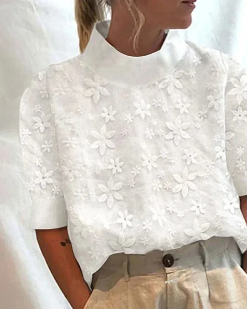 Damen Bluse in Weiß mit Stehkragen und floralem Muster