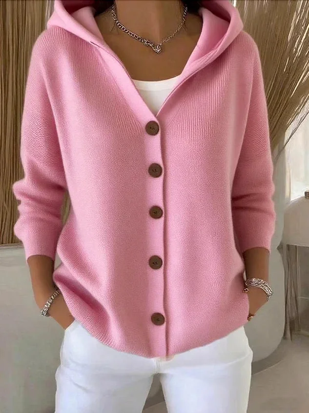 Damen Kapuzen Strickjacke aus Baumwolle mit Knöpfen