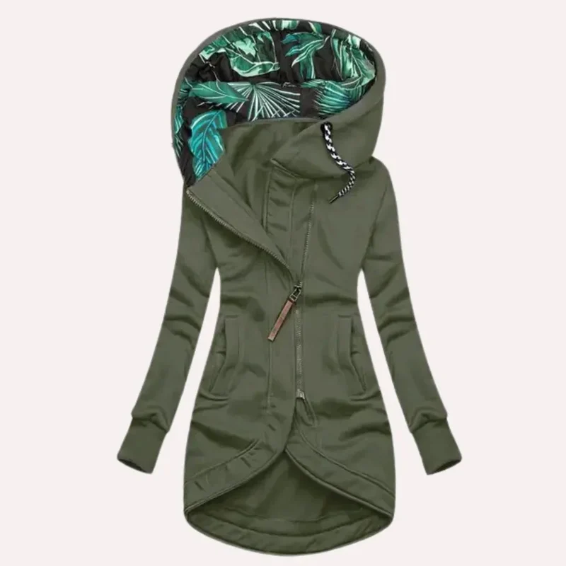 Damen Kapuzenjacke mit tropischem Innenfutter und Asymmetrischem Reißverschluss