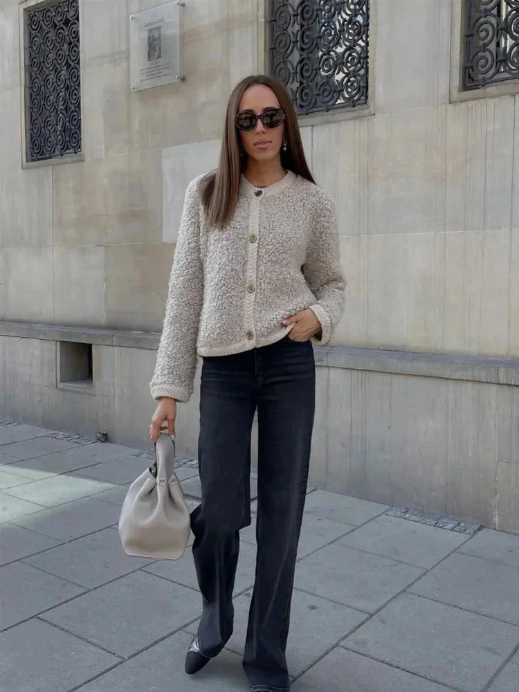 Damen Teddy Strickjacke lässiger Stil mit Knöpfen