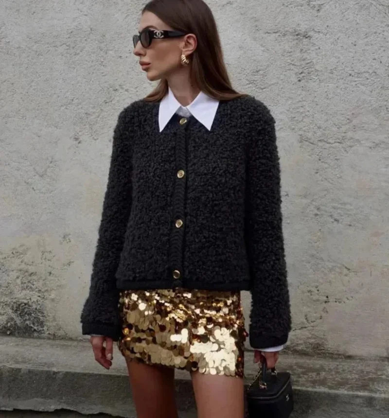 Damen Teddy Strickjacke lässiger Stil mit Knöpfen