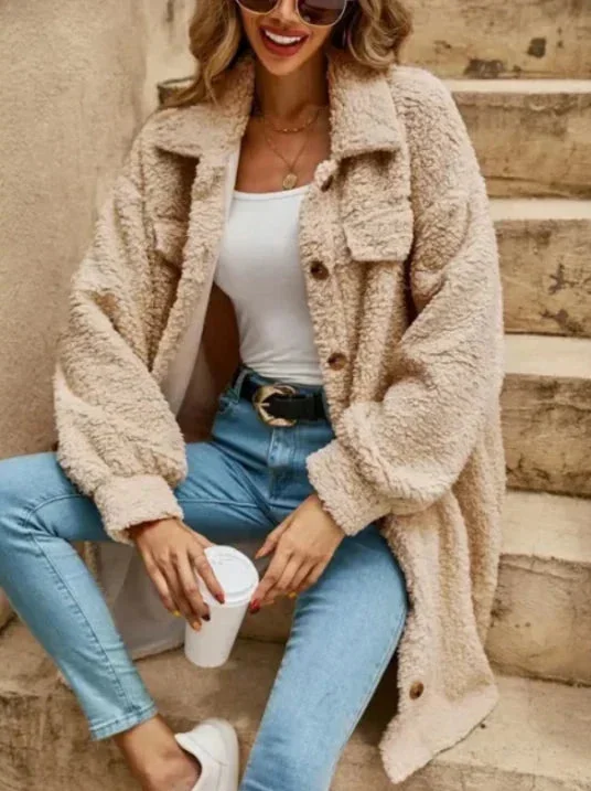 Damen Teddymantel in Beige mit Knopfleiste