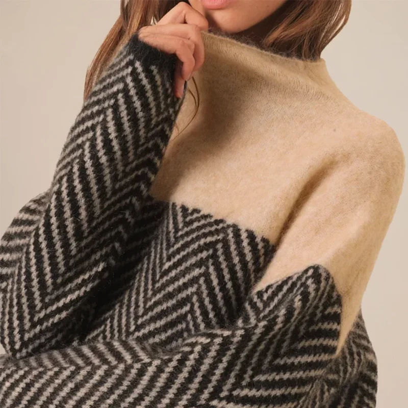 Damen Rollkragenpullover mit Strickmuster und langen Ärmeln