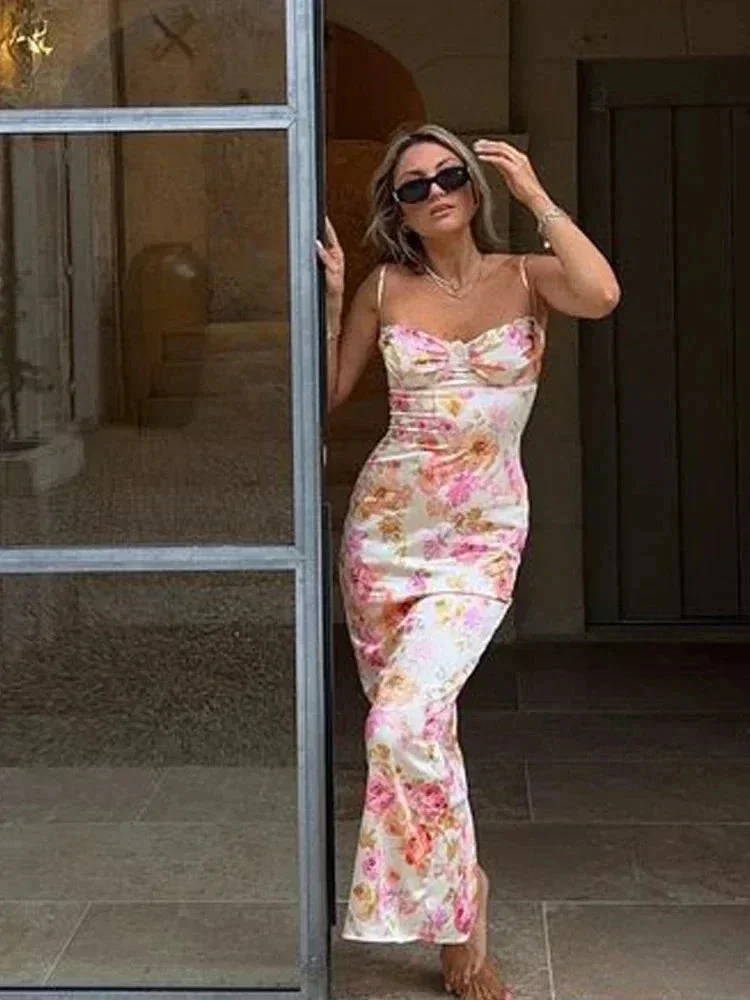 Damen Maxikleid mit floralem Muster in Satinoptik
