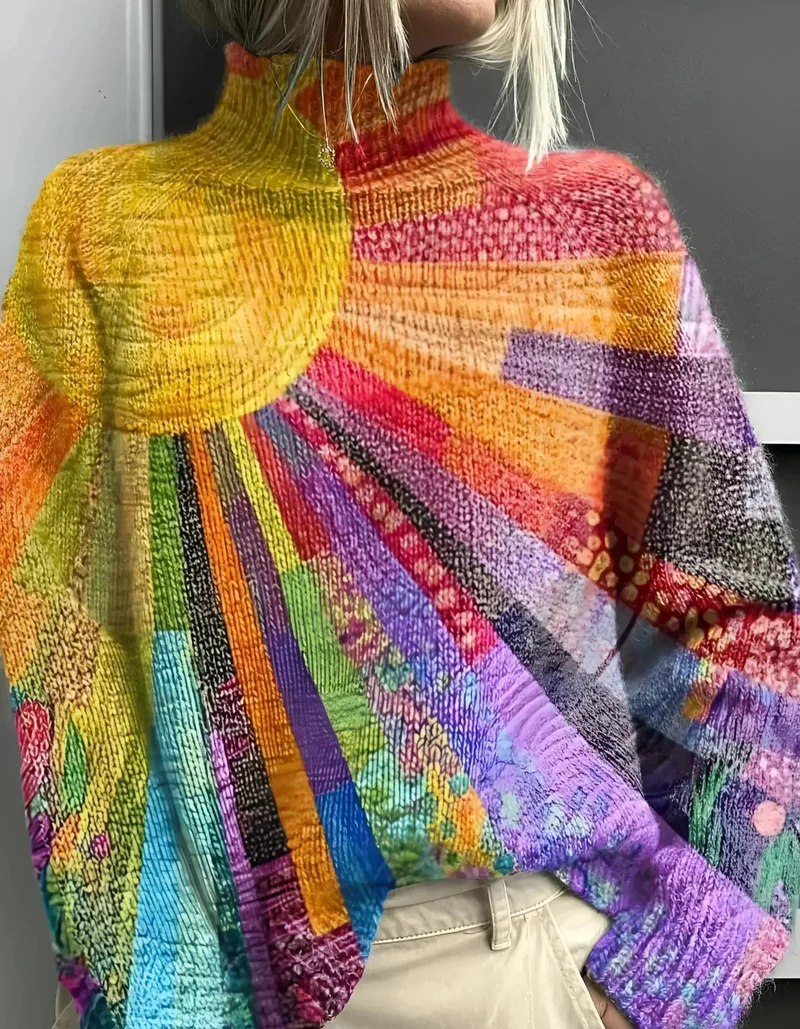 Damen Pullover mit buntem Patchworkmuster und Stehkragen