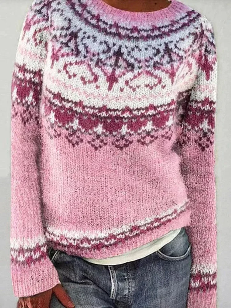 Damen Strickpullover mit Rundhalsausschnitt und Norwegermuster