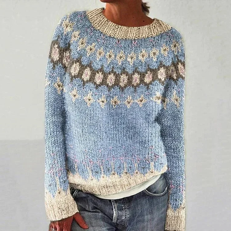 Damen Strickpullover mit Rundhalsausschnitt und Norwegermuster