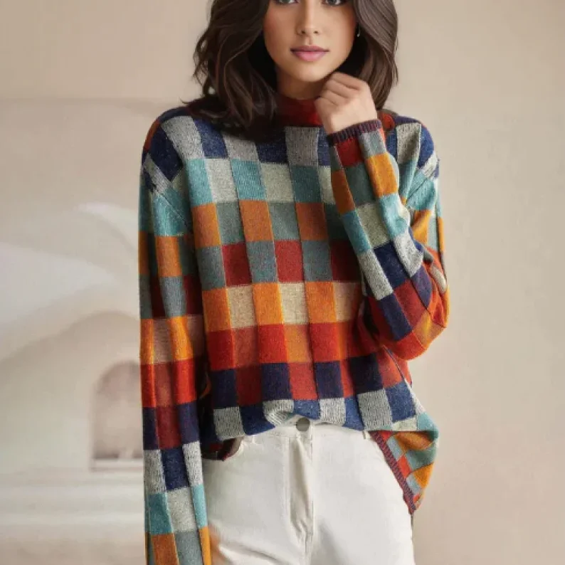 Damen Pullover mit farbigem Karomuster und Rollkragen