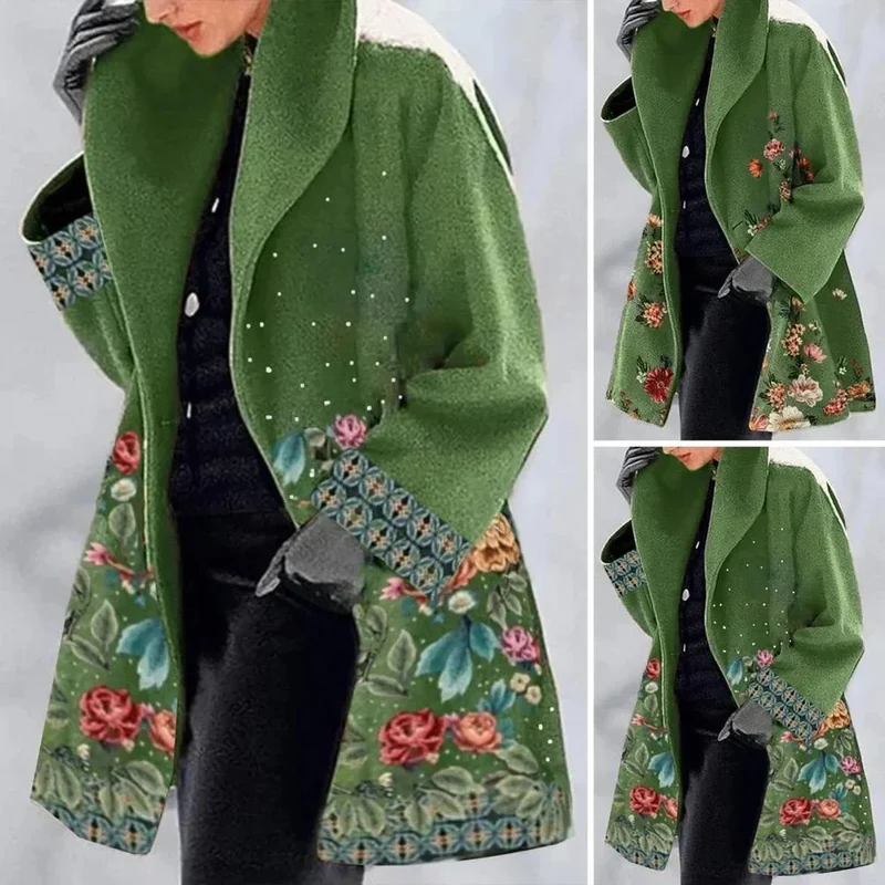 Damen Wintermantel mit floralem Muster und weitem Kragen