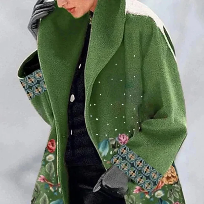 Damen Wintermantel mit floralem Muster und weitem Kragen