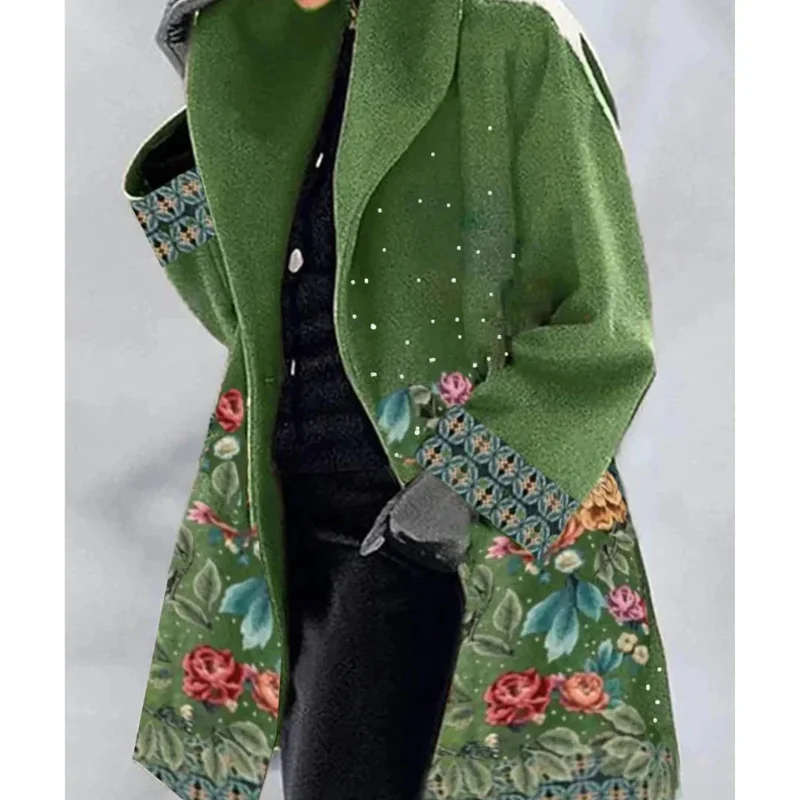 Damen Wintermantel mit floralem Muster und weitem Kragen