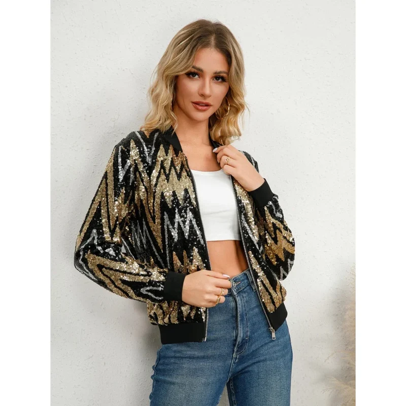 Damen bomberjacke mit Paillettenmuster und Reißverschluss schwarz-gold