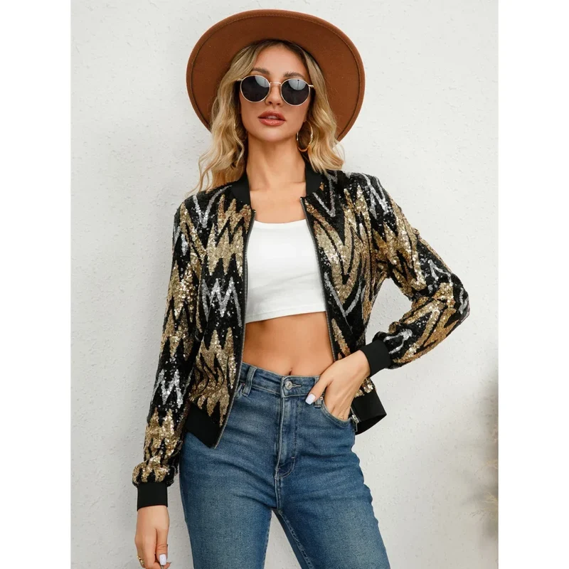 Damen bomberjacke mit Paillettenmuster und Reißverschluss schwarz-gold
