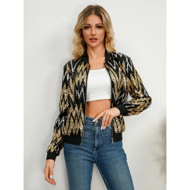 Damen bomberjacke mit Paillettenmuster und Reißverschluss schwarz-gold