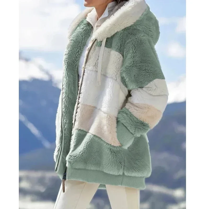 Damen Teddyjacke mit Kapuze und Farbblock-Design