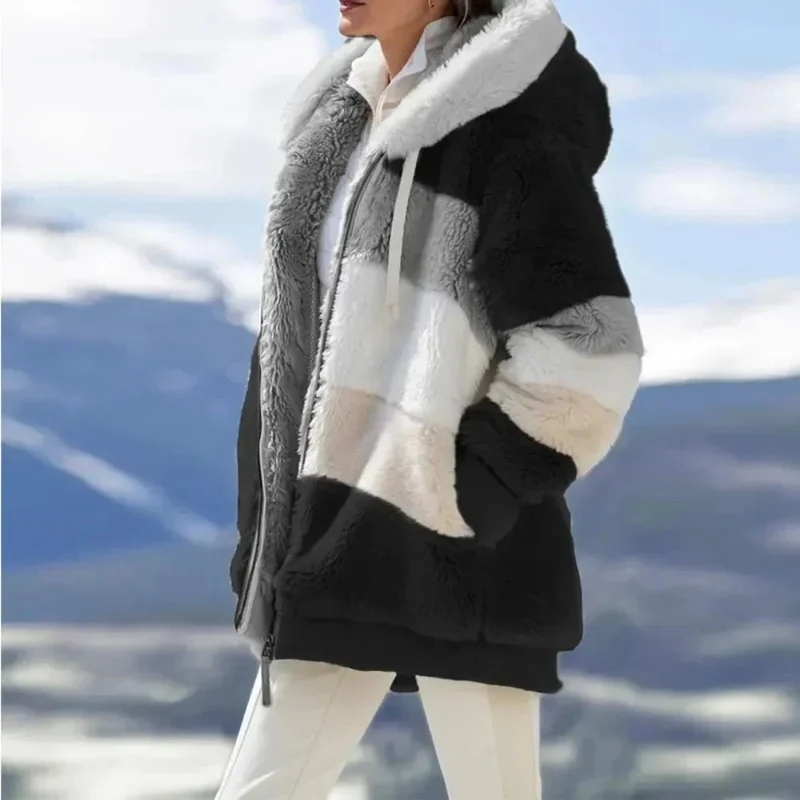Damen Teddyjacke mit Kapuze und Farbblock-Design