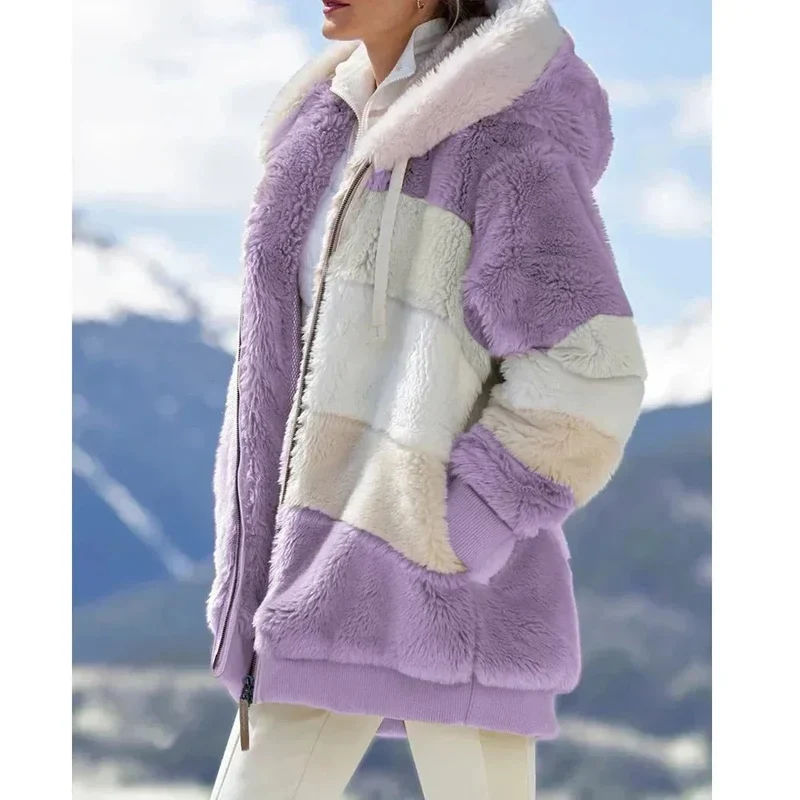 Damen Teddyjacke mit Kapuze und Farbblock-Design