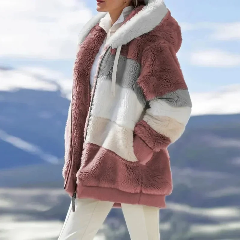 Damen Teddyjacke mit Kapuze und Farbblock-Design