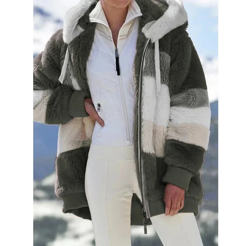 Damen Teddyjacke mit Kapuze und Farbblock-Design