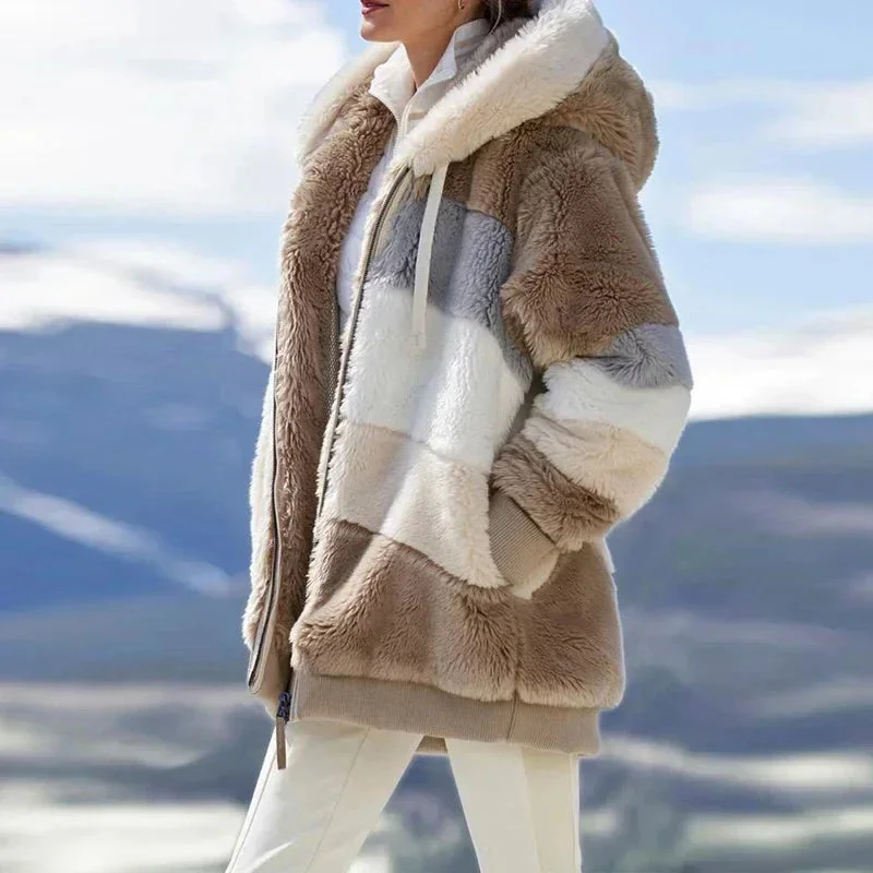 Damen Teddyjacke mit Kapuze und Farbblock-Design